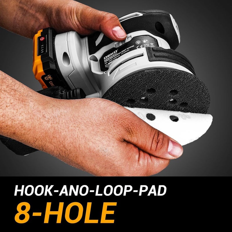 DEKOPRO Cordless Orbital Sander: 20V Random Orbit Sander, 5inch Power Palm Sander Electric Sanders Tool with Battery, Charger, Dust Collector, 16 Pcs Sanding Discs for Woodwroking - Image 5